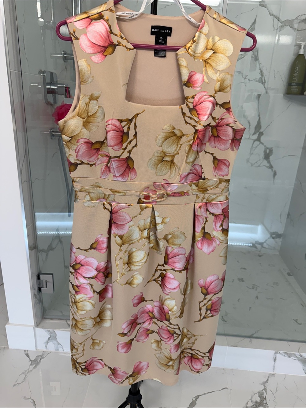 Kate and Lily Beige Midi Dress with Pink Floral Print 18pp/40”L